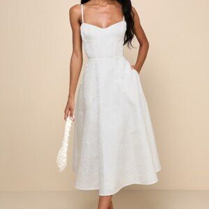 Lulus Meet For Tea White Jacquard Bustier Midi Dress With Pockets - Size M